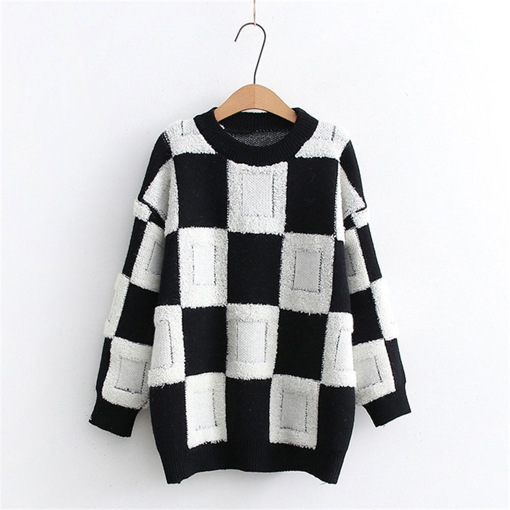 Ladies Checkerboard Casual Knit Pullover Sweater