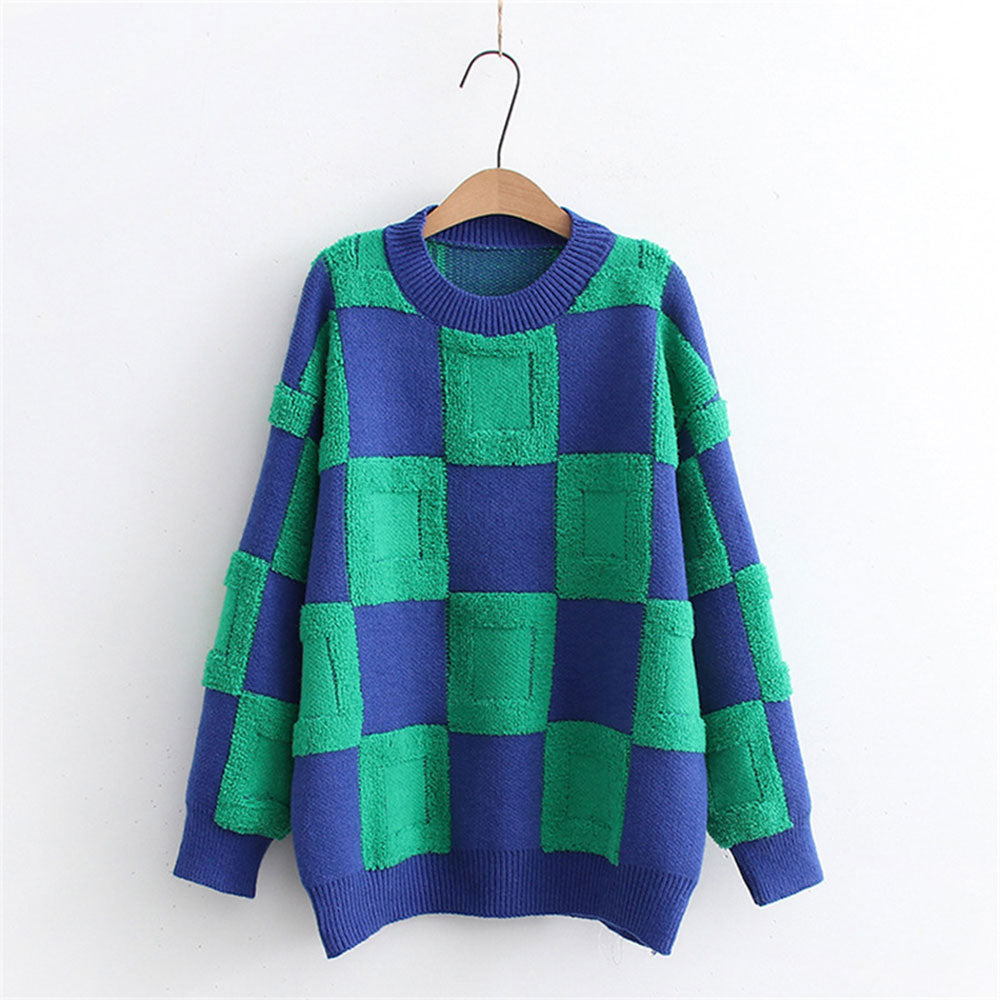 Ladies Checkerboard Casual Knit Pullover Sweater