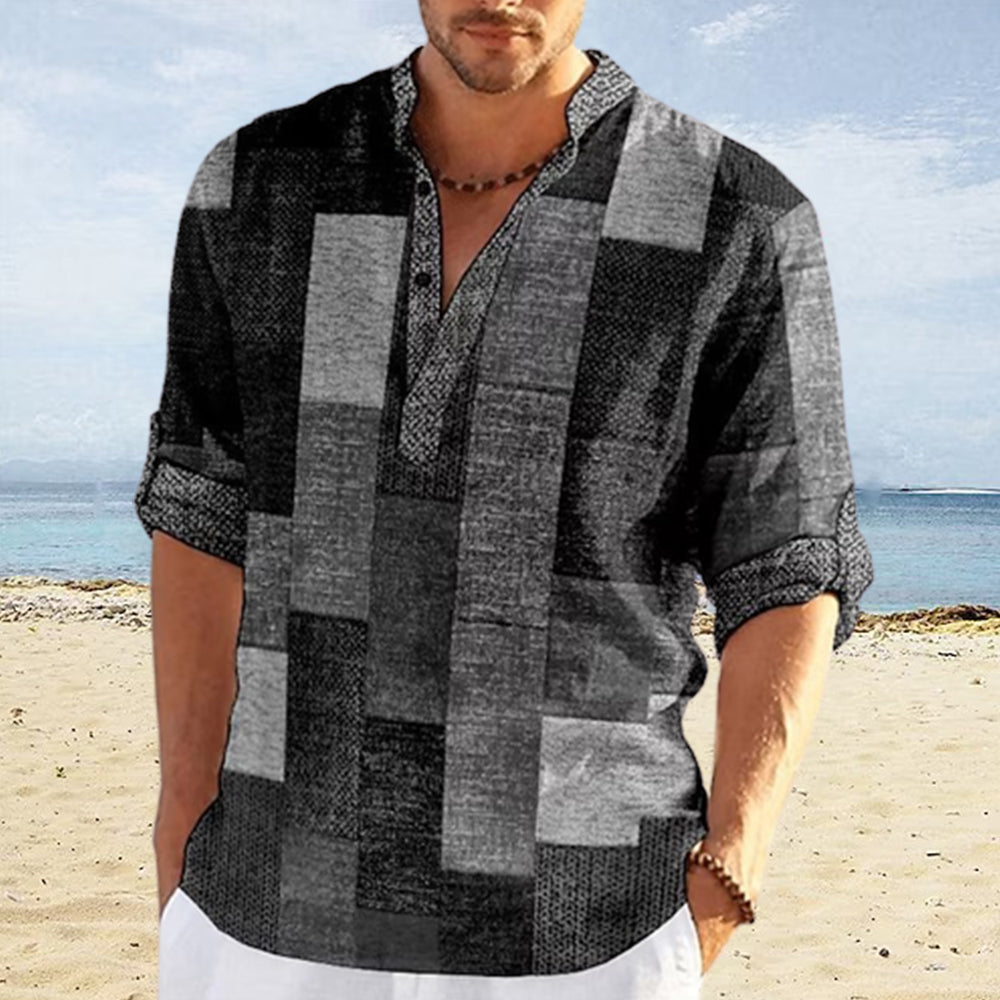 Men's Color Block 3D Printed Stand Collar Casual Shirt